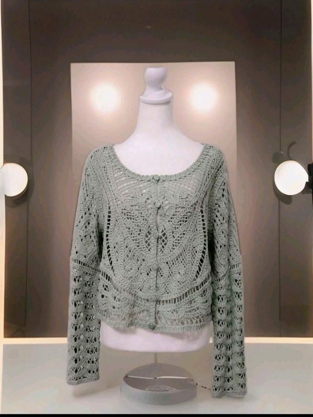 Ultra Pink Sage Green Crochet Button-Front Cardigan